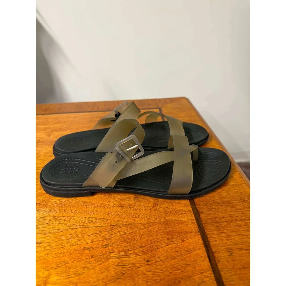 Crocs Tulum Translucent Toe Post Sandals Black Smoky Olive Womens 10 Flat Strap
